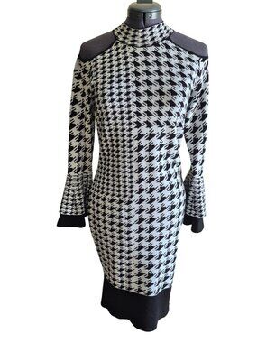 Venus Cold-Shoulder Houndstooth Sweater Dress With Bell Sleeves M